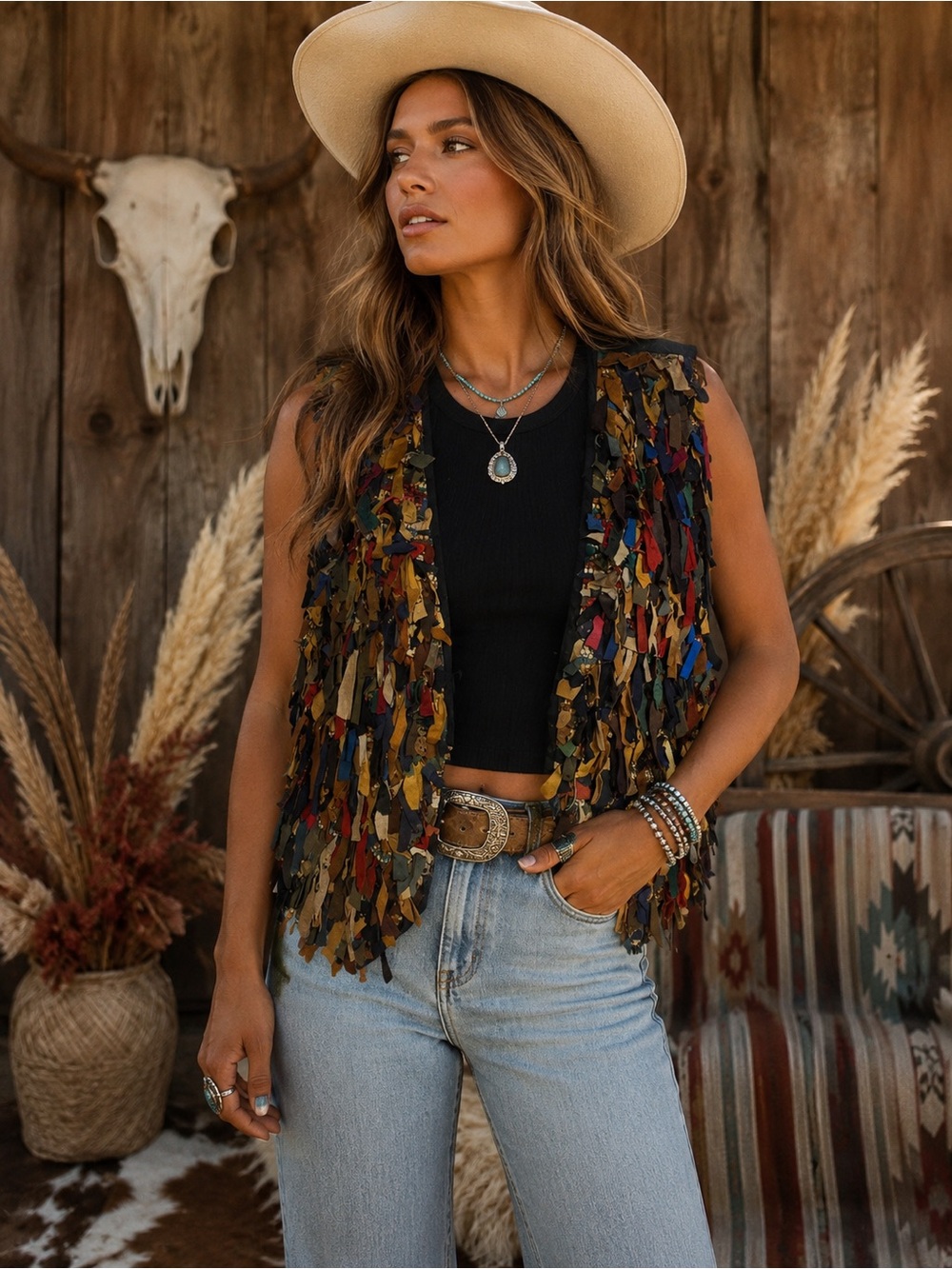 Vintage Leather Boho Multicolor Fringe Patchwork Vest - Women's Layering Vest